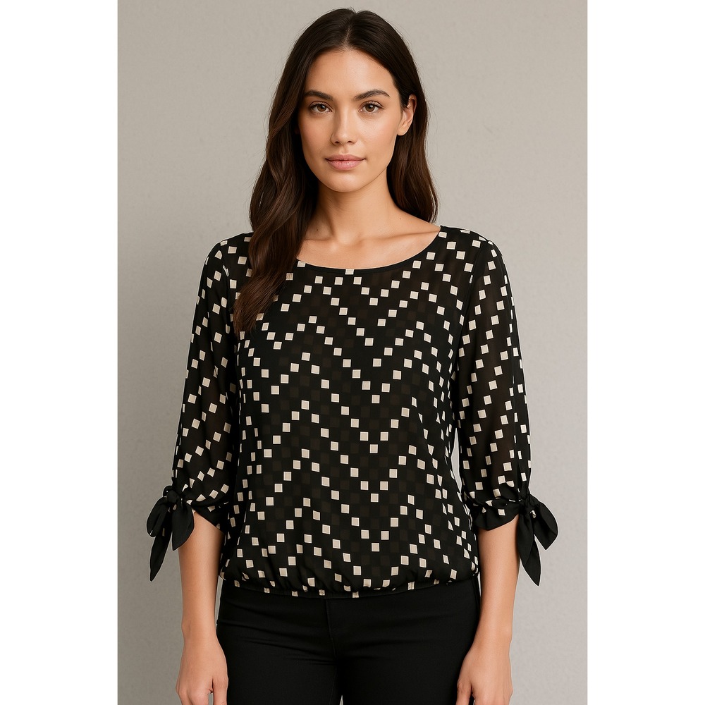 Bobeau Top Womens S Black Sheer Geometric‎ Chevron Preppy Classy Tie Sleeves
